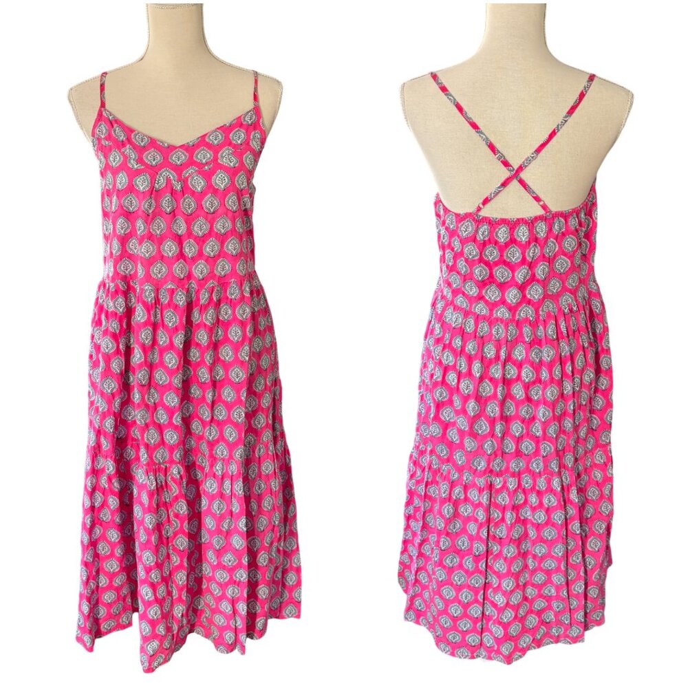 SZ Blockprints Tier Dress S small pink Bagru print cotton India midi Tuckernuck